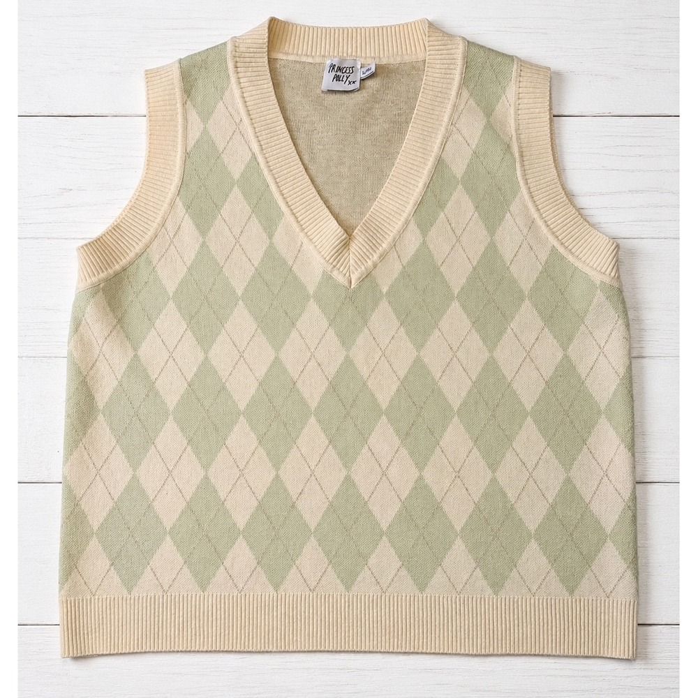 Princess Polly Sage Green Cream Argyle V-Neck Sweater Vest Size L/XL Academia